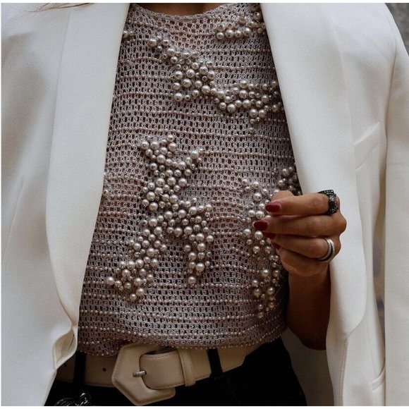 ZARA KNITWEAR TOP WITH FAUX PEARLS LIMITED EDITION LIGHT GREY S M REF. 7521/107 - Picture 3 of 12